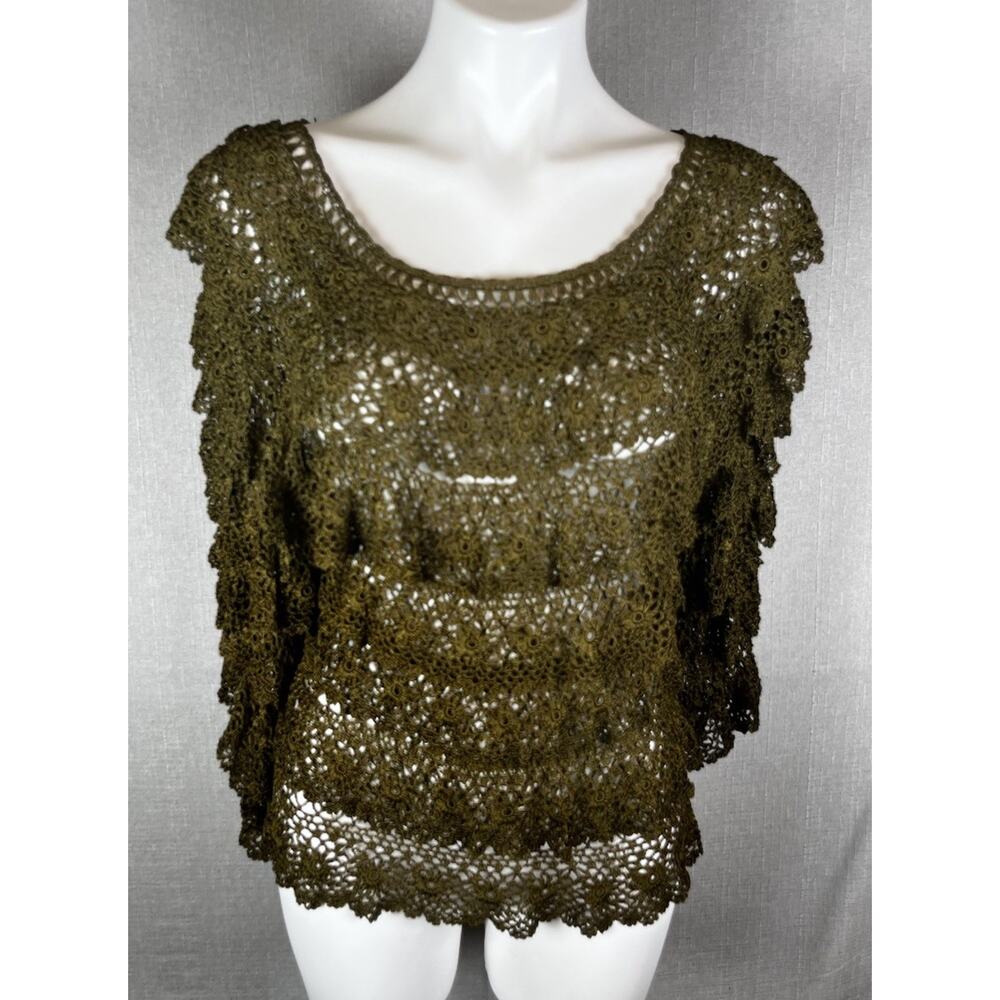 Ania A Dark Green Tiered Crochet Open Knit Lace Blouse Sweater Tunic Top Sz S/M